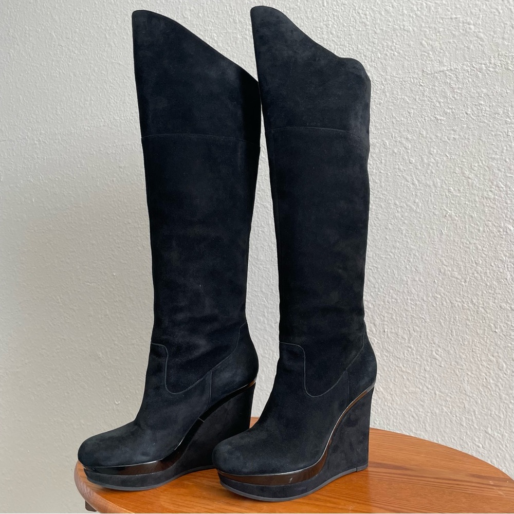 Via Spiga Black Suede Over the Knee Wedge Boots